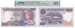 Malaysia, 100 Ringgit, 1989, signed J. Hussein (Pick 32). Graded by PMG 64, Choice Uncircu