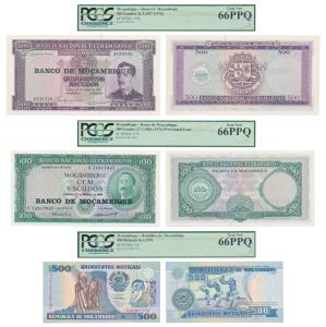 Mozambique, 100 Escudos, 1976; 500 Meticais, 1911; 500 Escudos, 1976. Graded by PCGS 66PPQ