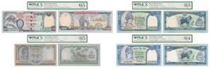 Nepal, 10 Rupees, 2005; 50 Rupees, 1997; 50 Rupees, 2002; 1000 Rupees, 2016. Graded by PMC