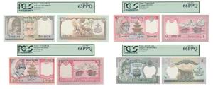 Nepal, Central Bank, 2 Rupees, 2001; 5 Rupees, 1987; 10 Rupees, 1985-87; 5 Rupees, 2002. G