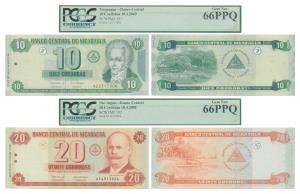 Nicaragua, 10 and 20 Cordobas, 2002. Graded by PCGS 66PPQ.(2)