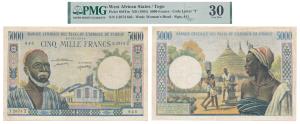 West African States, Togo, 5000 Francs, 1961, (Pick 804Tm). Graded by PMG 30, Very Fine.