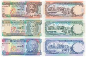 Barbados, 2, 5 & 10 Dollars, (Pick 42,43,44), Uncirculated. (3)