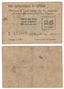 Ceylon, 25 Cents, 1942, Emergency Issue, (Pick 40). Fine+, Scarce.