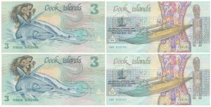 Cook Islands, 3 Dollars Consecutive Pair, 1992, (Pick 6). Uncirculated. (2)