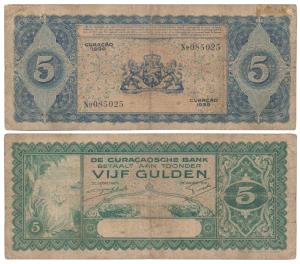 Curacao, 5 Guilders, 1939, (Pick 22), Fine with little glue residue.