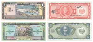 El Salvador, 1 Colon, 1977; 5 Colones, 1990 (Pick 125b & 138). Uncirculated. (2)
