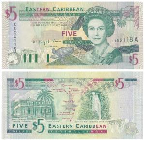 East Caribbean States, 5 Dollars, Suffix A for Antigua & Barbuda (Pick 31A). Uncirculated.