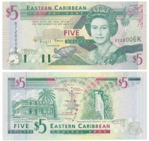 East Caribbean States, 5 Dollars, Suffix K for St. Kitts (Pick 31K). Uncirculated.