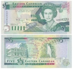 East Caribbean States, 5 Dollars, Suffix U for Anguilla (Pick 26U). Uncirculated, Scarce.