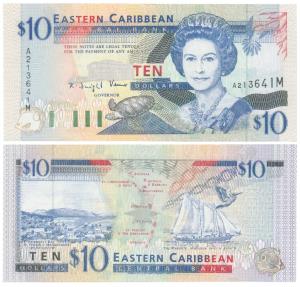 East Caribbean States, 10 Dollars, Suffix M for Montserrat (Pick 32M). Uncirculated.