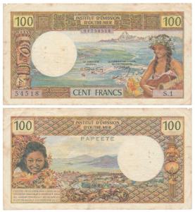 Tahiti, 100 Francs, (Pick 23), Fine+.