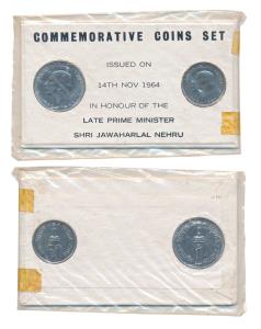 1964 Uncirculated set, Birth Anniversary of Jawaharlal Nehru, set of 2, 50p and 1 Rupee. I