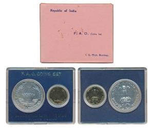1970 Uncirculated Set, Food For All, set of 2, 20 Paise and Rupees 10. In immaculate condi