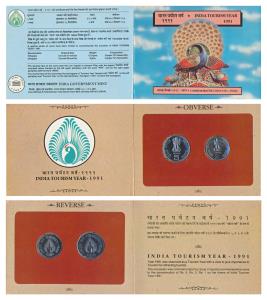 1991 Uncirculated Set, India Tourism Year, set of 2, Rupee 2 and 5. In immaculate conditio