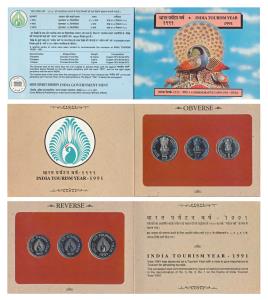 1991 Uncirculated Set, India Tourism Year, set of 3, Rupee 1, 2 & 5. In immaculate conditi