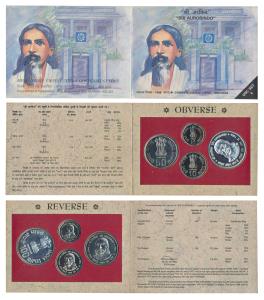 1998 Uncirculated Set, Sri Aurobindo, set of 4, Rupees 2 to 100. In near immaculate condit