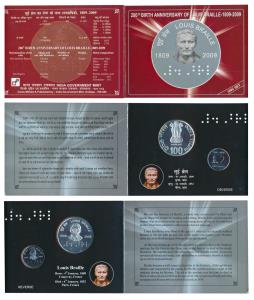2009 Uncirculated Set, 200th Birth Anniversary of Louis Braille, set of 2, Rupees 2 and 10