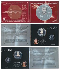 2009 Proof Set, 200th Birth Anniversary of Louis Braille, set of 2, Rupees 2 and 100. In i