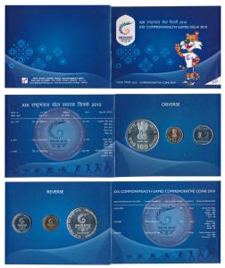2010 Uncirculated Set, XIX Commonwealth Games Delhi, set of 3, Rupees 2 to Rupees 100. In 
