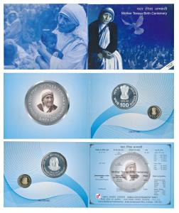 2010 Proof Set, Mother Teresa Birth Centenary, set of 2, Rupees 5 and 100. In immaculate c