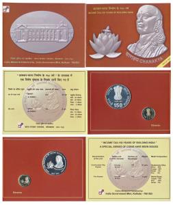 2010 Proof Set, Income Tax 150 years of building India, Chanakya, set of 2, Rupees 5 and 1