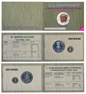 2010 Uncirculated Set, C. Subramaniam Birth Centenary, set of 2, Rupees 5 and 100. In imma