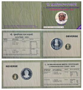 2010 Proof Set, C. Subramaniam Birth Centenary, set of 2, Rupees 5 and 100. In immaculate 