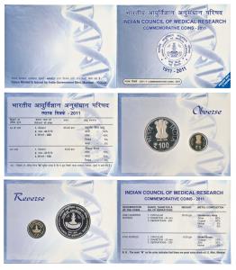 2011 Proof Set, Indian Council of Medical Research, set of 2, Rupees 5 and 100. In immacul