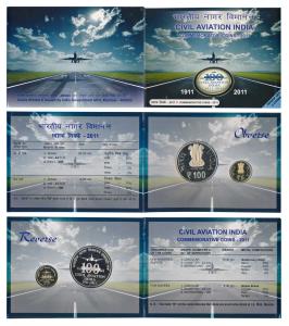 2011 Proof Set, 100 years Civil Aviation India, set of 2, Rupees 5 and 100. In immaculate 