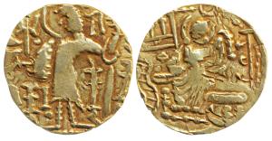 Kidara Kushanas (c. 4th century AD), Base Gold Dinar, 8.07g, obv. king nimbate standing fa