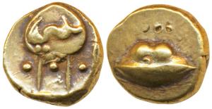 Anonymous, Hudki Gold Pagoda, 3.30g, obv. a boat like uncertain symbol, with Persian initi