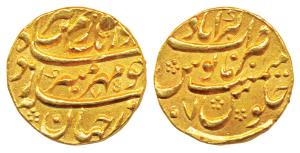 Aurangzeb (AH 1068-1118; 1658-1707 AD), Gold Mohur, 10.9g, Akbarabad Mint, AH 1075/7, with