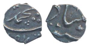 Muhammad Shah, Silver 1/32 Rupee, 0.29g, Khujista Bunyad Mint, AH (12)57 (KM A431). Extrem