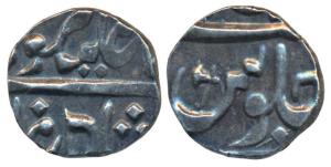 Muhiabad Poona, Silver ¼ Rupee, 2.82g, in the name of Shah Ali Gauhar, battle axe symbol i
