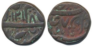Copper Takka, 18.34g, Kabirganj Mint, in the name of Shah Alam II, AH 1218/47, curved swor