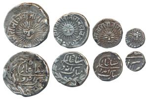 Shivaji Rao Holkar, set of 4, Silver Rupee, ½, ¼ and 1/8, Indore Mint, legend reads as Sik