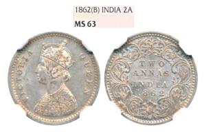 Victoria Queen, Silver 2 Annas, 1862, Bombay Mint (Prid 486). Graded by NGC MS63.