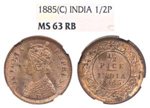 Victoria Empress, Copper ½ Pice, 1885, Calcutta Mint, (Prid 717). Graded by NGC MS63RB.