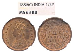Victoria Empress, Copper ½ Pice, 1886, Calcutta Mint, (Prid 718). Graded by NGC MS63RB.