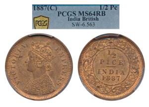 Victoria Empress, Copper ½ Pice, 1887, Calcutta Mint, (Prid 719). Graded by PCGS MS64RB.