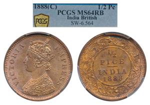 Victoria Empress, Copper ½ Pice, 1888, Calcutta Mint (Prid 720). Graded by PCGS MS64RB.