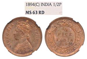 Victoria Empress, Copper ½ Pice, 1894, Calcutta Mint (Prid 727). Graded by NGC MS63RD.