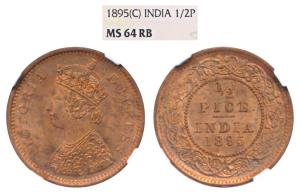 Victoria Empress, Copper ½ Pice, 1895, Calcutta Mint (Prid 728). Graded by NGC MS64RB.
