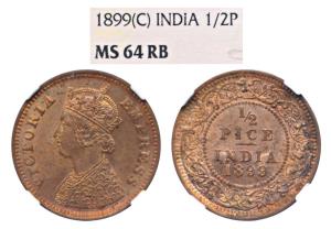 Victoria Empress, Copper ½ Pice, 1899, Calcutta Mint (Prid 732). Graded by NGC MS64RB.