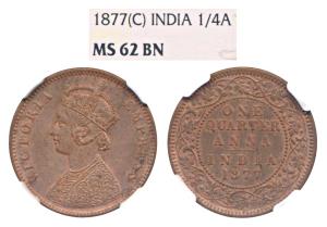 Victoria Empress, Copper ¼ Anna, 1877, Calcutta Mint (Prid 611). Graded by NGC MS62BN.