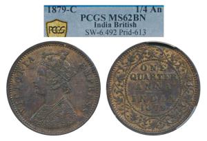 Victoria Empress, Copper ¼ Anna, 1879, Calcutta Mint (Prid 613). Graded by PCGS MS62BN.