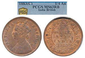 Victoria Empress, Copper ¼ Anna, 1883, Calcutta Mint, C not visible, Rev II (Prid 616). Gr