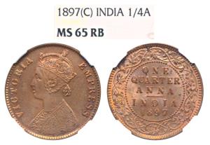 Victoria Empress, Copper ¼ Anna, 1897, Calcutta Mint (Prid 630). Graded by NGC MS65RB.