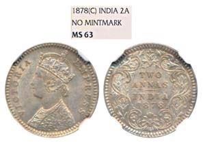 Victoria Empress, Silver 2 Annas, 1878, Calcutta Mint, B / II / No mint mark (Prid 493). G